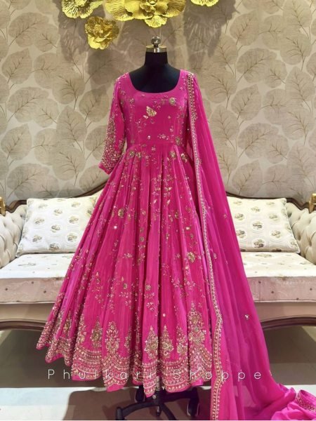 Celebratory Chinnon Silk 5mm Sequins Embroidery Gown with Palazzo  &  Net Dupatta For Boutique   Wedding Events Ready To Wear Suit