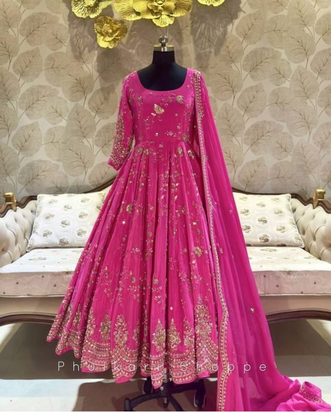 Celebratory Chinnon Silk 5mm Sequins Embroidery Gown with Palazzo  &  Net Dupatta For Boutique   Wedding Events Anarkali Kurtis 