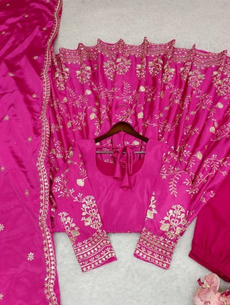 Celebratory Chinnon Silk 5mm Sequins Embroidery Gown with Palazzo  &  Net Dupatta For Boutique   Wedding Events Anarkali Kurtis 