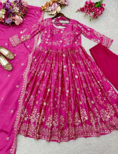 Celebratory Chinnon Silk 5mm Sequins Embroidery Gown with Palazzo  &  Net Dupatta For Boutique   Wedding Events Anarkali Kurtis 