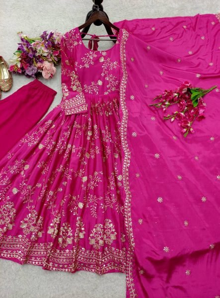 Celebratory Chinnon Silk 5mm Sequins Embroidery Gown with Palazzo  &  Net Dupatta For Boutique   Wedding Events Anarkali Kurtis 