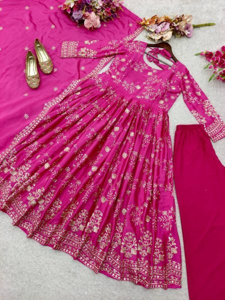 Celebratory Chinnon Silk 5mm Sequins Embroidery Gown with Palazzo  &  Net Dupatta For Boutique   Wedding Events Anarkali Kurtis 