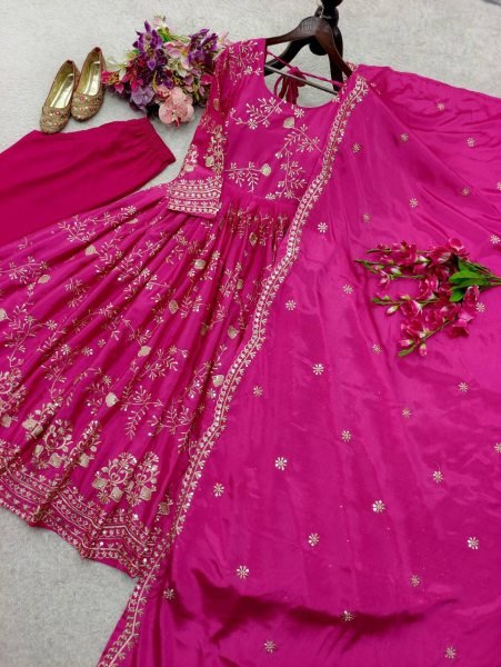 Celebratory Chinnon Silk 5mm Sequins Embroidery Gown with Palazzo  &  Net Dupatta For Boutique   Wedding Events Anarkali Kurtis 