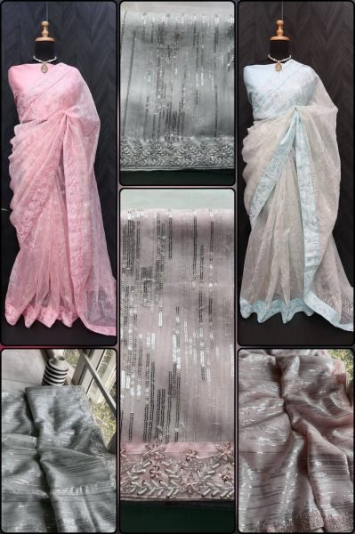 Celebrity-Inspired Organza Silk Saree with Embroidery & Sequence Work Organza Sarees Wholesale