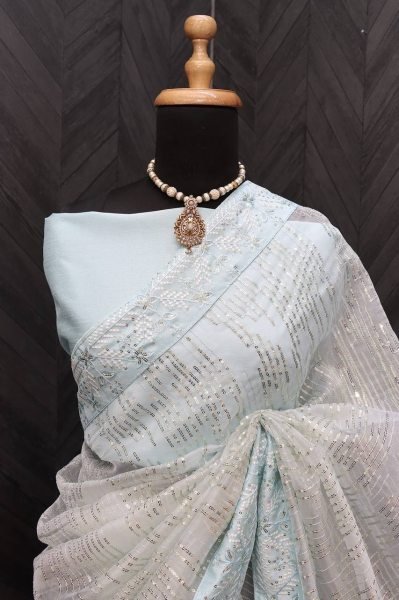 Celebrity-Inspired Organza Silk Saree with Embroidery & Sequence Work Organza Sarees Wholesale