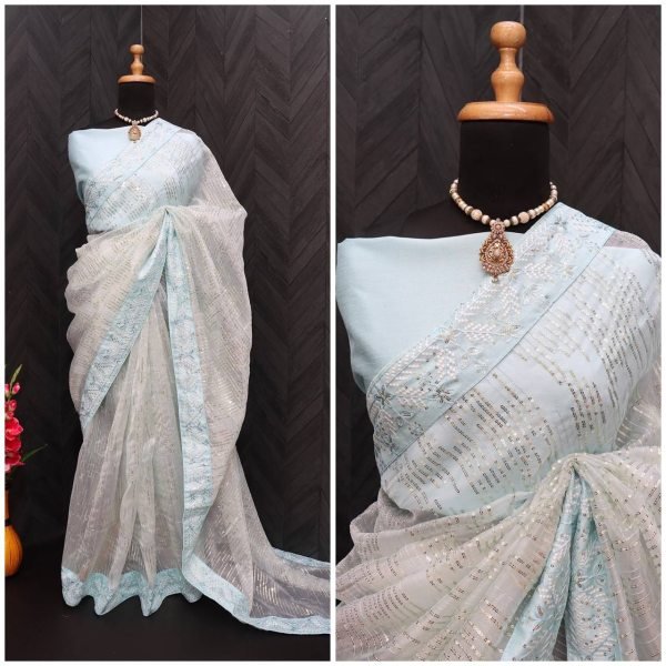 Celebrity-Inspired Organza Silk Saree with Embroidery & Sequence Work Organza Sarees Wholesale