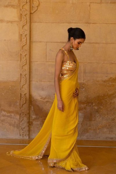 Celebrity Shilpa Shetty Yellow Saree Look Stylish Blooming Georgette Saree Bollywood Fancy Sarees Wholesale