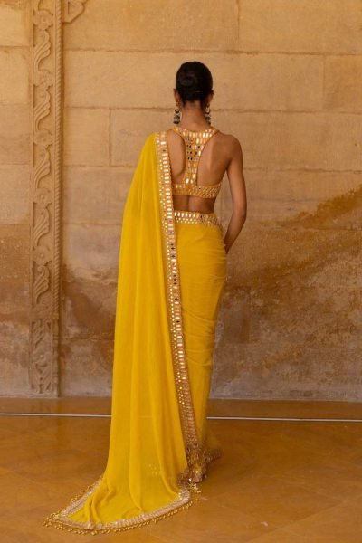 Celebrity Shilpa Shetty Yellow Saree Look Stylish Blooming Georgette Saree Bollywood Fancy Sarees Wholesale