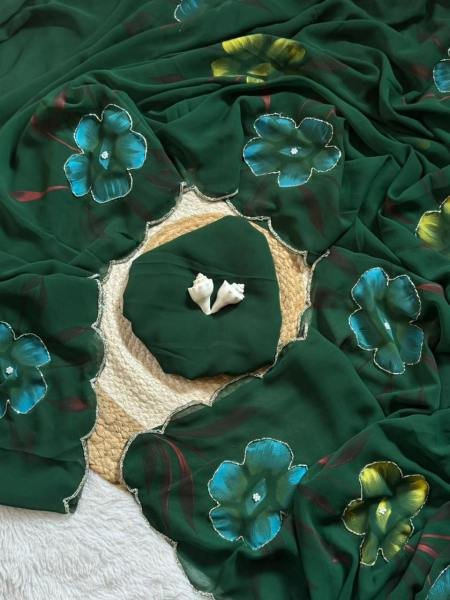 Celebrity Style Floral Handprint Georgette Saree with Cut Dana & Khatali Handwork Georgette Sarees Wholesale