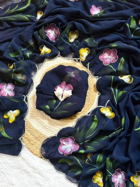 Celebrity Style Floral Handprint Georgette Saree with Cut Dana & Khatali Handwork Georgette Sarees Wholesale