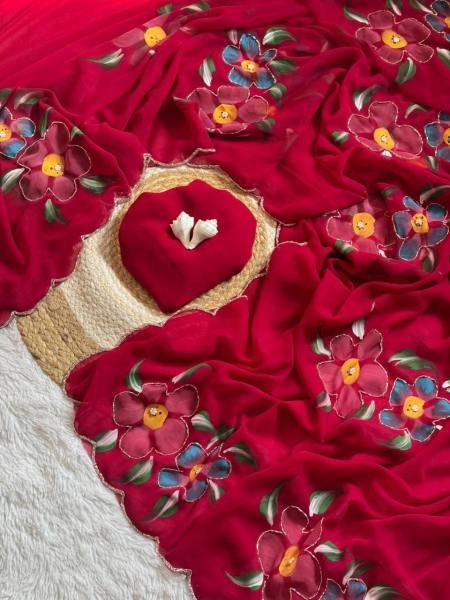 Celebrity Style Floral Handprint Georgette Saree with Cut Dana & Khatali Handwork Georgette Sarees Wholesale