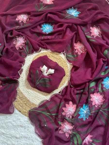 Celebrity Style Floral Handprint Georgette Saree with Cut Dana & Khatali Handwork Georgette Sarees Wholesale
