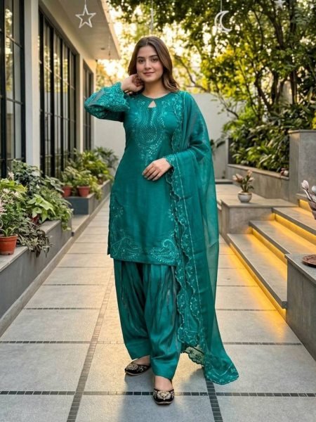 Celebrity Style Teal Green  Roman Glass Sequence Embroidered Palazzo Suit Set With Dupatta 