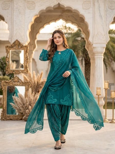 Celebrity Style Teal Green  Roman Glass Sequence Embroidered Palazzo Suit Set With Dupatta Ready To Wear Collection