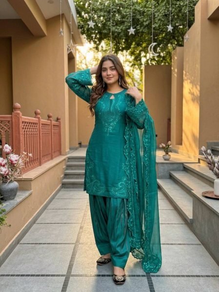 Celebrity Style Teal Green  Roman Glass Sequence Embroidered Palazzo Suit Set With Dupatta Ready To Wear Collection