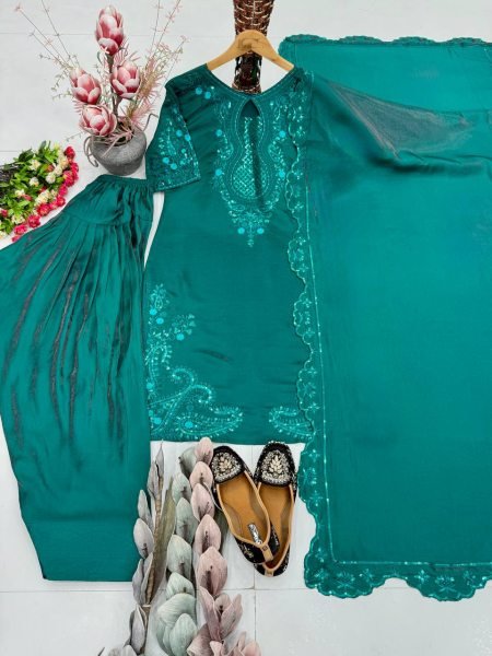 Celebrity Style Teal Green  Roman Glass Sequence Embroidered Palazzo Suit Set With Dupatta Ready To Wear Collection
