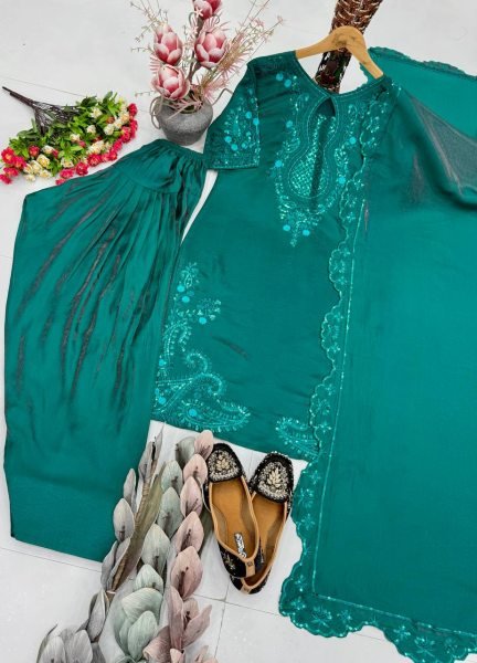 Celebrity Style Teal Green  Roman Glass Sequence Embroidered Palazzo Suit Set With Dupatta Ready To Wear Collection