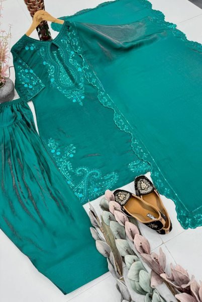 Celebrity Style Teal Green  Roman Glass Sequence Embroidered Palazzo Suit Set With Dupatta Ready To Wear Collection