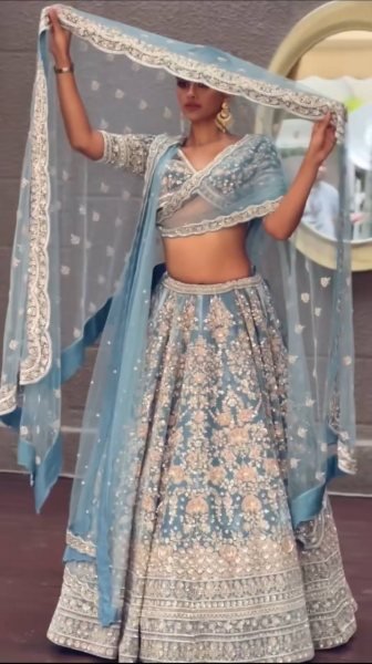 Blue Georgette Lehenga with Sequins and Zari Luxury Wedding Wear Designer Lehenga Choli