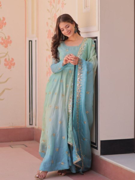 Celestial Sky Blue Anarkali Gown in Organza with Heavy Flair Designed for Wedding Glamour Anarkali Kurtis 