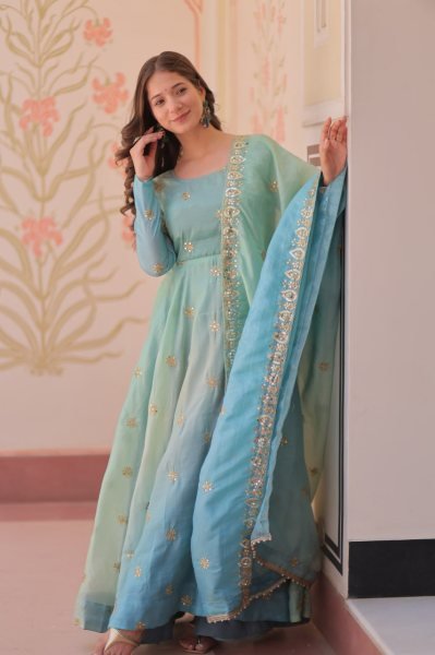 Celestial Sky Blue Anarkali Gown in Organza with Heavy Flair Designed for Wedding Glamour Anarkali Kurtis 
