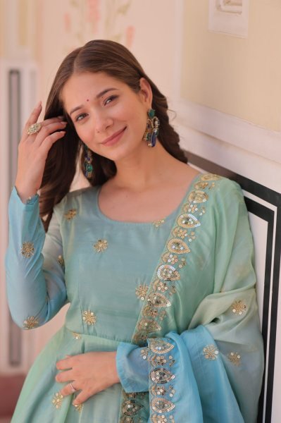 Celestial Sky Blue Anarkali Gown in Organza with Heavy Flair Designed for Wedding Glamour Anarkali Kurtis 
