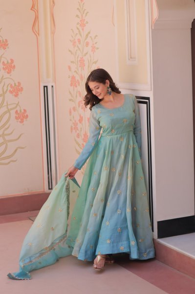 Celestial Sky Blue Anarkali Gown in Organza with Heavy Flair Designed for Wedding Glamour Anarkali Kurtis 