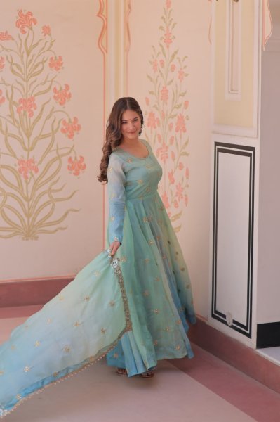 Celestial Sky Blue Anarkali Gown in Organza with Heavy Flair Designed for Wedding Glamour Anarkali Kurtis 