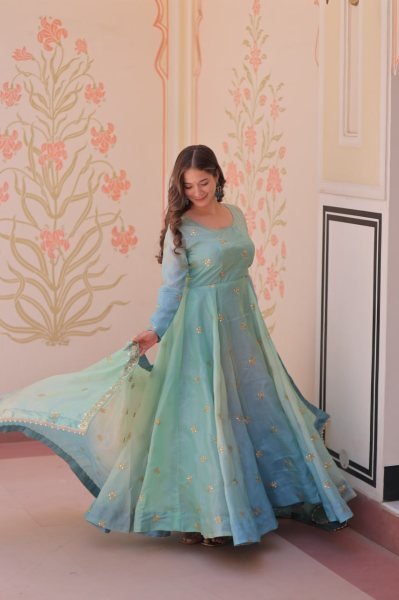 Celestial Sky Blue Anarkali Gown in Organza with Heavy Flair Designed for Wedding Glamour Anarkali Kurtis 