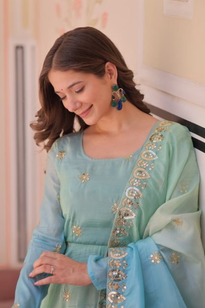 Celestial Sky Blue Anarkali Gown in Organza with Heavy Flair Designed for Wedding Glamour Anarkali Kurtis 