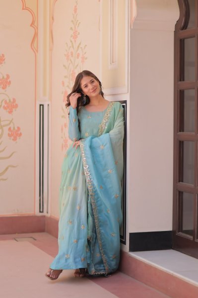 Celestial Sky Blue Anarkali Gown in Organza with Heavy Flair Designed for Wedding Glamour Anarkali Kurtis 