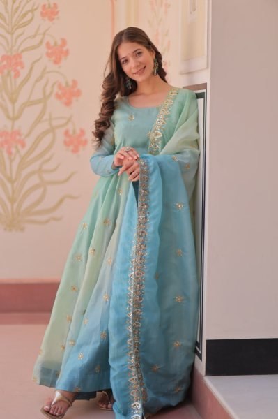 Celestial Sky Blue Anarkali Gown in Organza with Heavy Flair Designed for Wedding Glamour Anarkali Kurtis 
