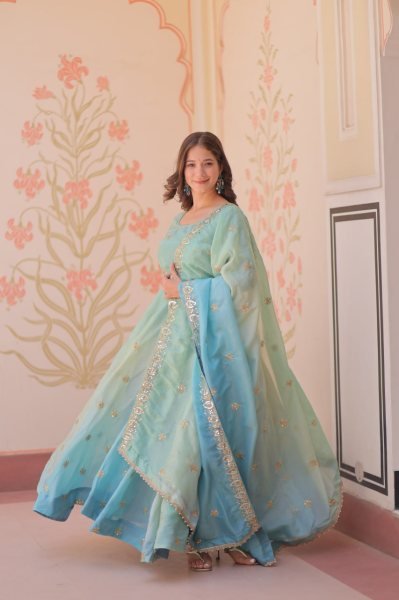 Celestial Sky Blue Anarkali Gown in Organza with Heavy Flair Designed for Wedding Glamour Anarkali Kurtis 