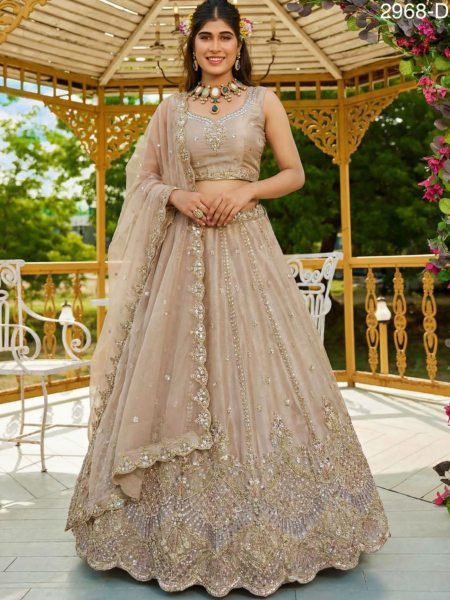 Champagne Cream Satin Wedding Wear Lehenga Choli with Crystal Handwork  Lehenga