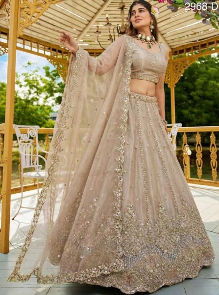 Champagne Cream Satin Wedding Wear Lehenga Choli with Crystal Handwork Bridal Lehenga Choli