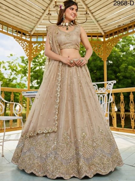 Champagne Cream Satin Wedding Wear Lehenga Choli with Crystal Handwork Bridal Lehenga Choli