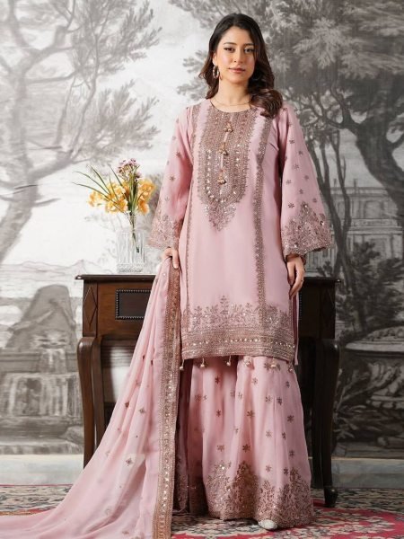 Chandani Pastel Pink Chiffon Gharara Set with Intricate Embroidery Ready To Wear Suit