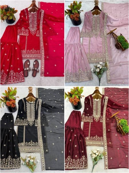 Chandani Pastel Pink Chiffon Gharara Set with Intricate Embroidery Ready To Wear Collection