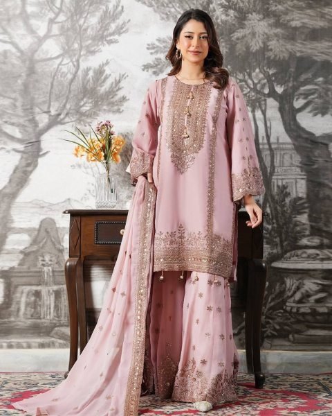 Chandani Pastel Pink Chiffon Gharara Set with Intricate Embroidery Ready To Wear Collection