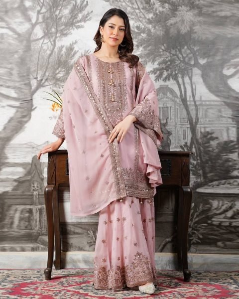 Chandani Pastel Pink Chiffon Gharara Set with Intricate Embroidery Ready To Wear Collection
