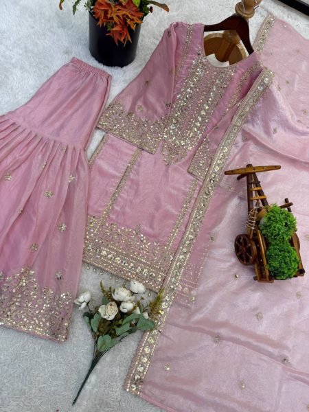 Chandani Pastel Pink Chiffon Gharara Set with Intricate Embroidery Ready To Wear Collection