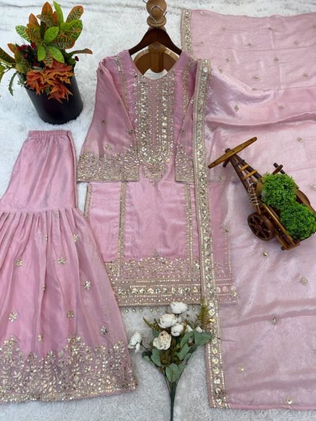 Chandani Pastel Pink Chiffon Gharara Set with Intricate Embroidery Ready To Wear Collection