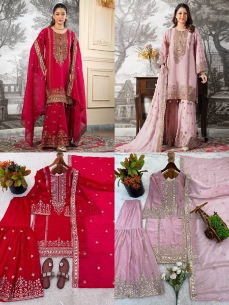 Chandani Pastel Pink Chiffon Gharara Set with Intricate Embroidery Ready To Wear Collection