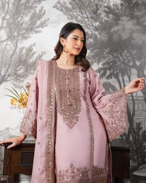 Chandani Pastel Pink Chiffon Gharara Set with Intricate Embroidery Ready To Wear Collection
