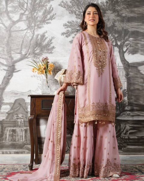 Chandani Pastel Pink Chiffon Gharara Set with Intricate Embroidery Ready To Wear Collection