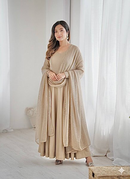 Chanderi Cotton Long Gown Set with Golden Lace Dupatta for Wholesale Buyers 3 Piece Kurti Set