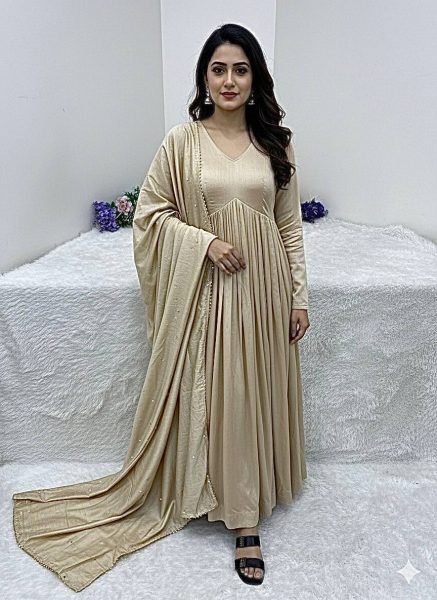 Chanderi Cotton Long Gown Set with Golden Lace Dupatta for Wholesale Buyers 3 Piece Kurti Set