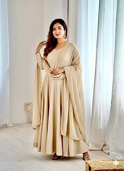 Chanderi Cotton Long Gown Set with Golden Lace Dupatta for Wholesale Buyers 3 Piece Kurti Set