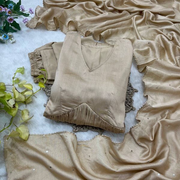 Chanderi Cotton Long Gown Set with Golden Lace Dupatta for Wholesale Buyers 3 Piece Kurti Set