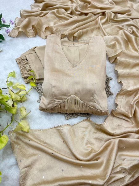 Chanderi Cotton Long Gown Set with Golden Lace Dupatta for Wholesale Buyers 3 Piece Kurti Set